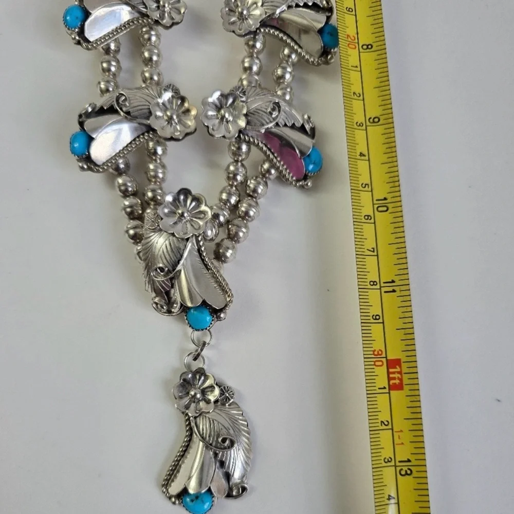 Sterling Silver 925 and Turquoise Floral Squash Blossom Necklace - Picture 16 of 16